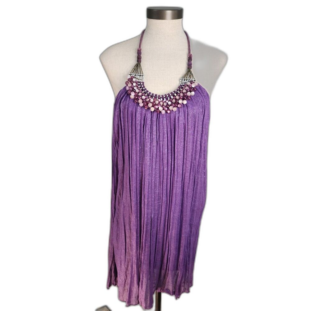 NWT Kessley Purple Beaded Halter Top Backless Beach Dress Size M/L